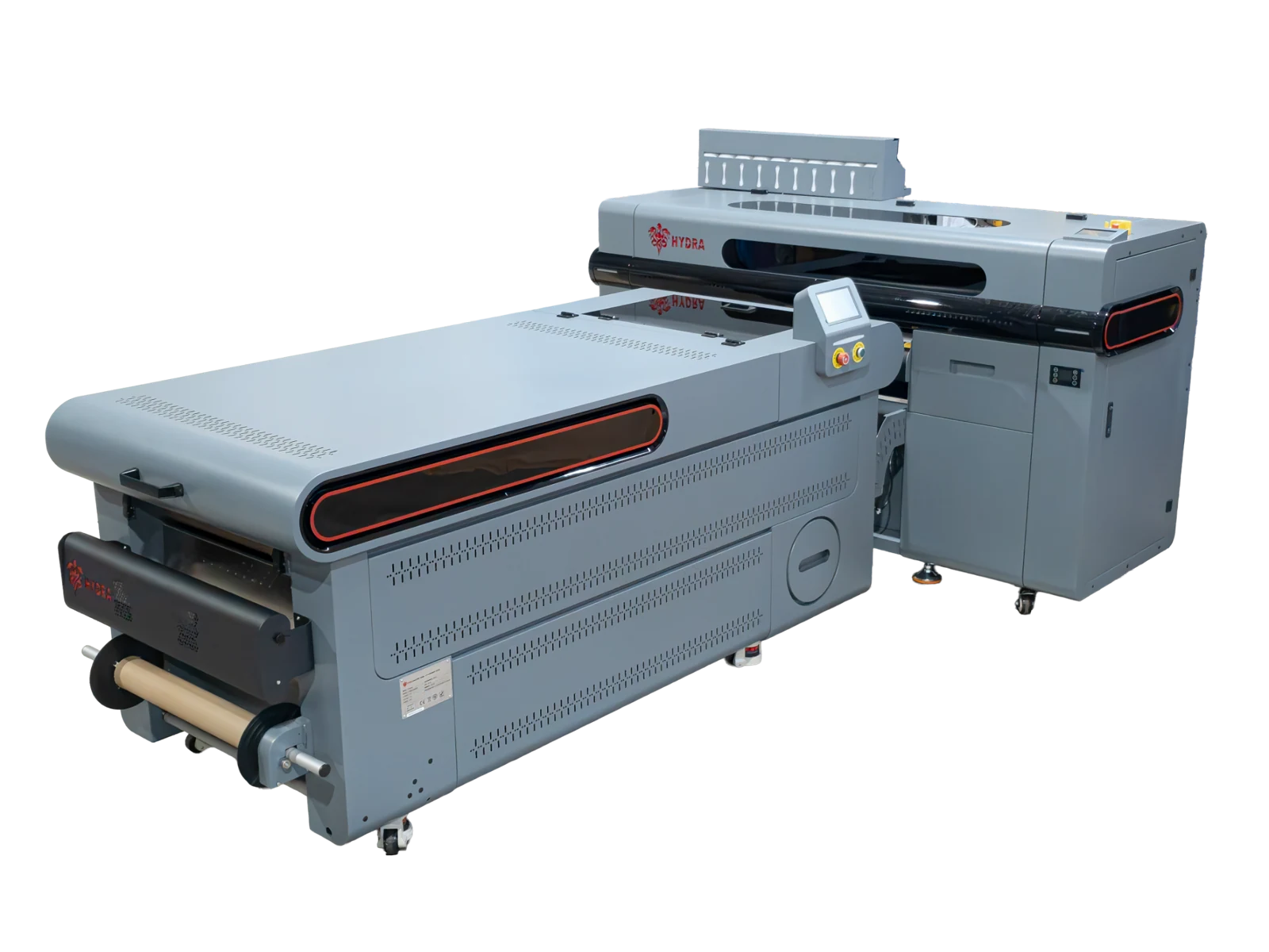 Super Hydra printer and matching duster viewed from the front corner